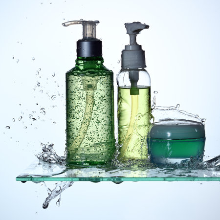Arrangement of beauty care products with splashing waterの写真素材