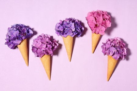 Ice cream cones with hydrangea flowers on pink backgroundの写真素材