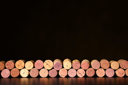 Border of assorted wine corks on dark background