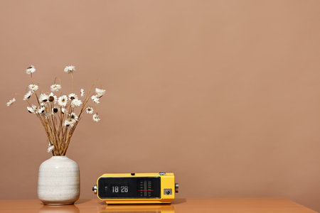 Composition with old retro radio and flowers on brown backgroundの写真素材