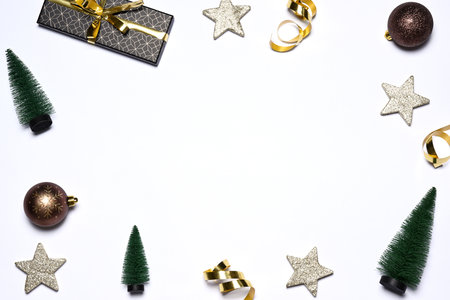 Frame with Christmas decoration on whiteの写真素材