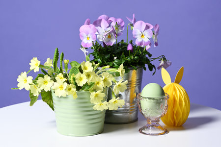 Easter decoration with spring flowers on violet background