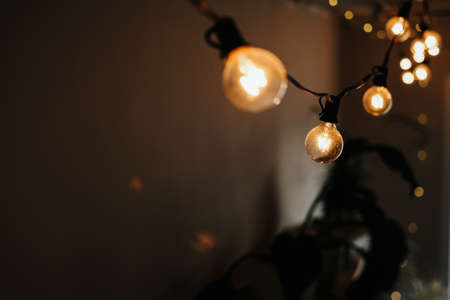 photo of a garland of light bulbs on a dark background. selective focus. christmas and new year conceptの写真素材