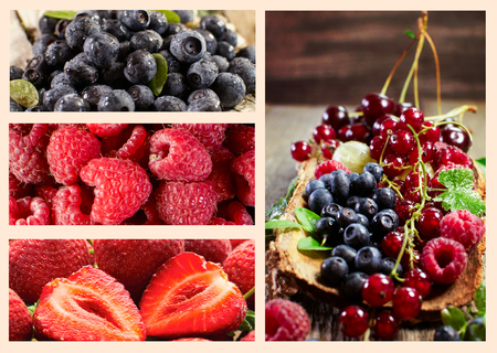 Ripe fresh summer berries collage on a wooden surface.の写真素材