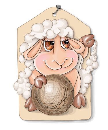vector illustrations cutelittle sheep witha ball of woolのイラスト素材