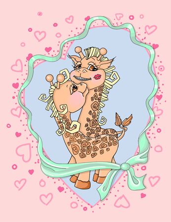 vector illustration valentines day funny two giraffes kissのイラスト素材