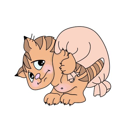 vector illustrations imaje of cartoon ginger cute tabby kitten pulls sausageのイラスト素材
