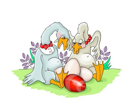 vector illustration Heppy Easter two geese are surprised by their eggs redのイラスト素材