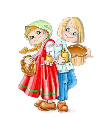 vector illustration Happy Easter boy with girl hold candles and easterのイラスト素材