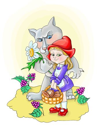 vector illustration holiday greeting card gray wolf gives flowers to a girlのイラスト素材