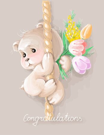 vector illustration holiday greeting card ,bear hold a bouquet of flowers,background floralのイラスト素材