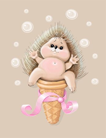 vector illustration holiday greeting card ,a hedgehog sits in an ice cream background floralのイラスト素材