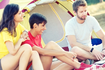 Group of People Camping and telling a story, Italyの写真素材