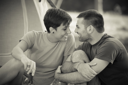 Young Couple Flirting on Camping,Italyの写真素材