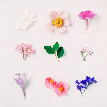 Spring or summer flowers isolated on white background. Top view, close up. Modern colorful pattern....