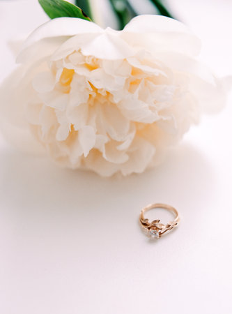 Beautiful creamy peony flower and golden engagement ring on white backgroundの写真素材