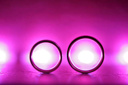 Classic wedding rings on bright pink background. Marriage concept.の写真素材