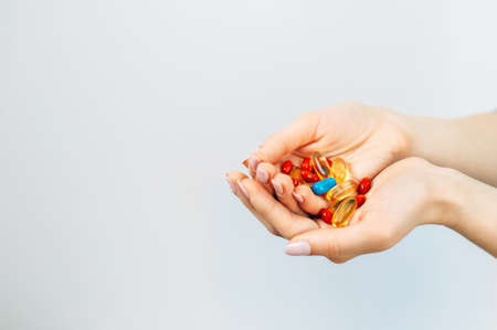 Handful of pills with copy space. World viral pandemic. Corona virus concept.の写真素材