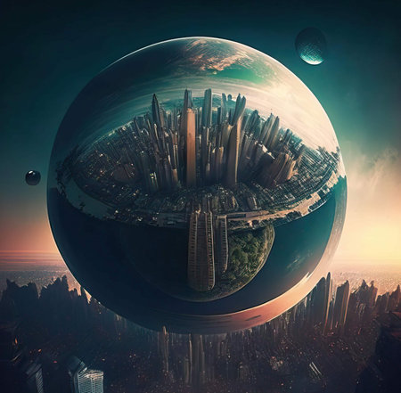 planet earth above the cityの写真素材