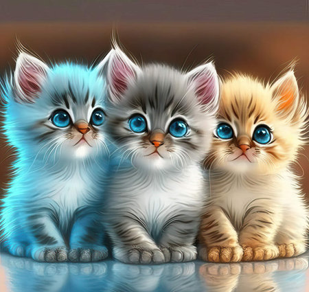 Three little kittens with blue eyes painted. Cute sad faces, fluffy gray and red.の写真素材