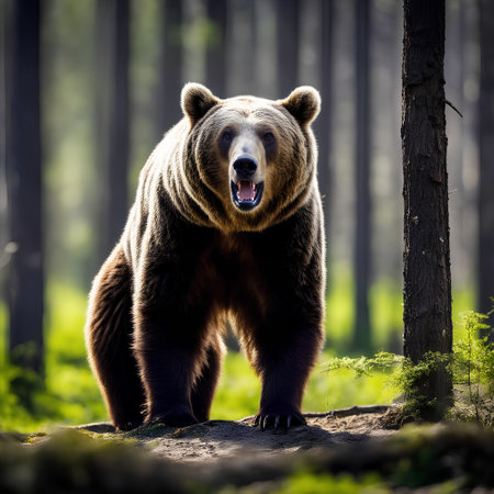 A brown bear in the forest created by artificial intelligence.の写真素材