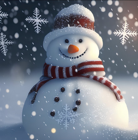 A happy snowman in the snow. It was created using generative artificial intelligenceの写真素材