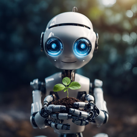 A young robot holding a green sprout in his hands, the concept of reviving life. The introduction of a robot into humanity. Generative AI.の写真素材