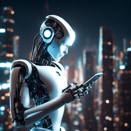 A robot holding a smartphone in his hand in a megalopolis, the concept of introducing a robot into humanity, the behavior of a robot in everyday life. Generative AI.の写真素材