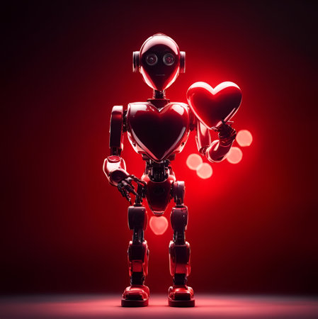 A full-length robot holding a red shiny heart in its hands, the concept of love. Humanization of the robot. Generative AIの写真素材