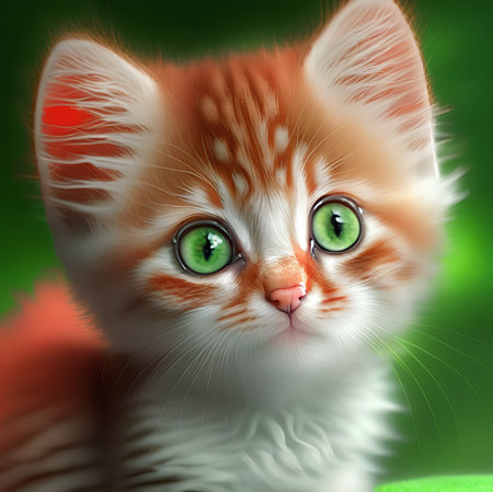 A cute, red-haired kitten with sad green eyes in close-up. Created with the help of artificial intelligence.の写真素材