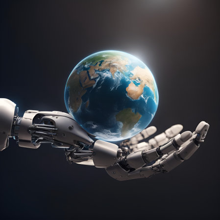 The robot's hand holds a globe. The planet Earth is in the hands of high technology.の写真素材