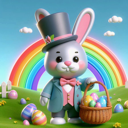Easter bunny with a basket. Drawn using AI.の写真素材