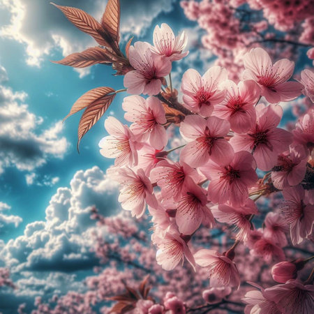 A sprig of cherry blossoms pink flowers on a blue sky background. Created with the help of AIの写真素材