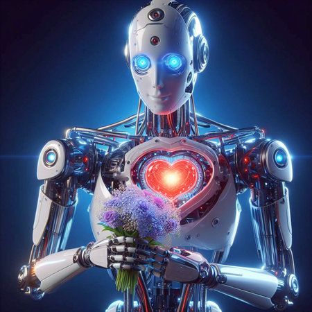A humanoid robot with artificial intelligence with a large red heart holds a bouquet of flowersの写真素材