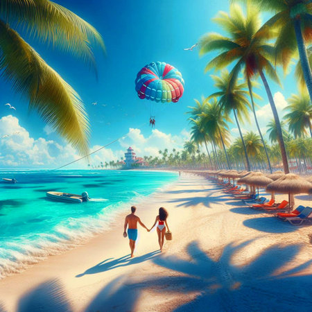 A beach with palm trees and a guy with a girl in the distance. created with the help of artificial intelligenceの写真素材