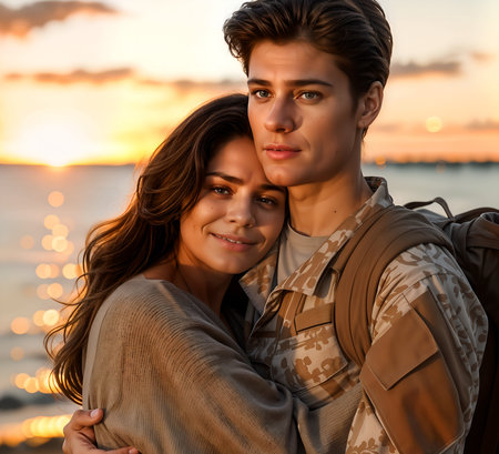 Portrait of a beautiful young couple on the background of the sea at sunset.の素材