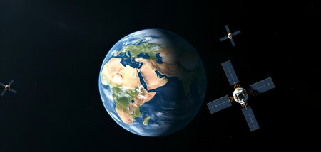 Earth and satellite in space, 3D rendering. Elements of this image furnished by NASAの素材