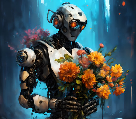 Robot with a bouquet of flowers in his hands. 3d illustrationの素材