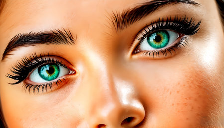 Beautiful young woman with green eyes. Close-up shot.の素材
