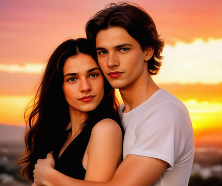 Portrait of a beautiful young couple in love on the sunset backgroundの素材