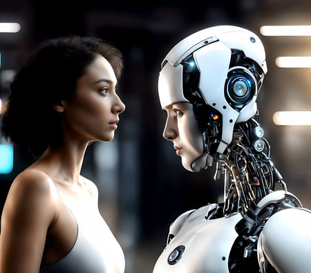 3d rendering of a female robot and a female cyborg looking at each otherの素材