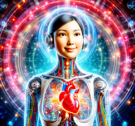 Human heart with female doctor on digital background. 3D illustration.の素材