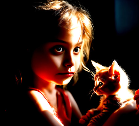 Portrait of a beautiful little girl with a cat. Studio shot.の素材