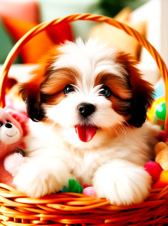 Cute Shih Tzu puppy in basket with toys, close upの素材