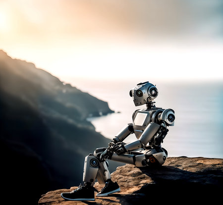 Robot sit on the rock and looking at the sea. 3D rendering.の素材