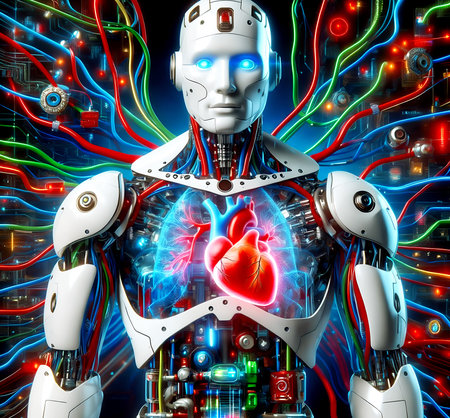 3d rendering of robot with heart in his hand on dark backgroundの素材