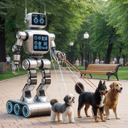 Robot with dogs in the park. Artificial intelligence concept. 3d rendering.の素材