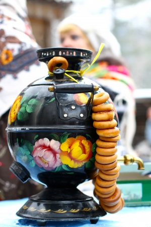 Maslenitsa Russian samovar and bagelsの写真素材
