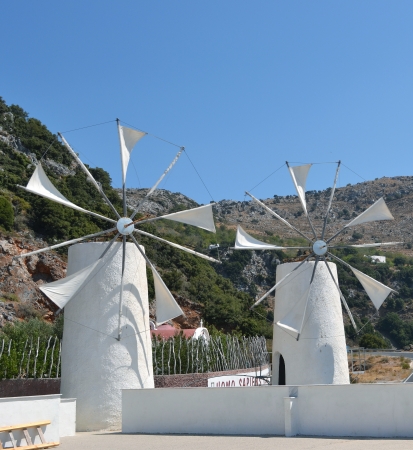 Two traditional Greek windmills in Creteの写真素材