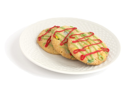 Three decorated Christmas cookies, isolated on white background の写真素材